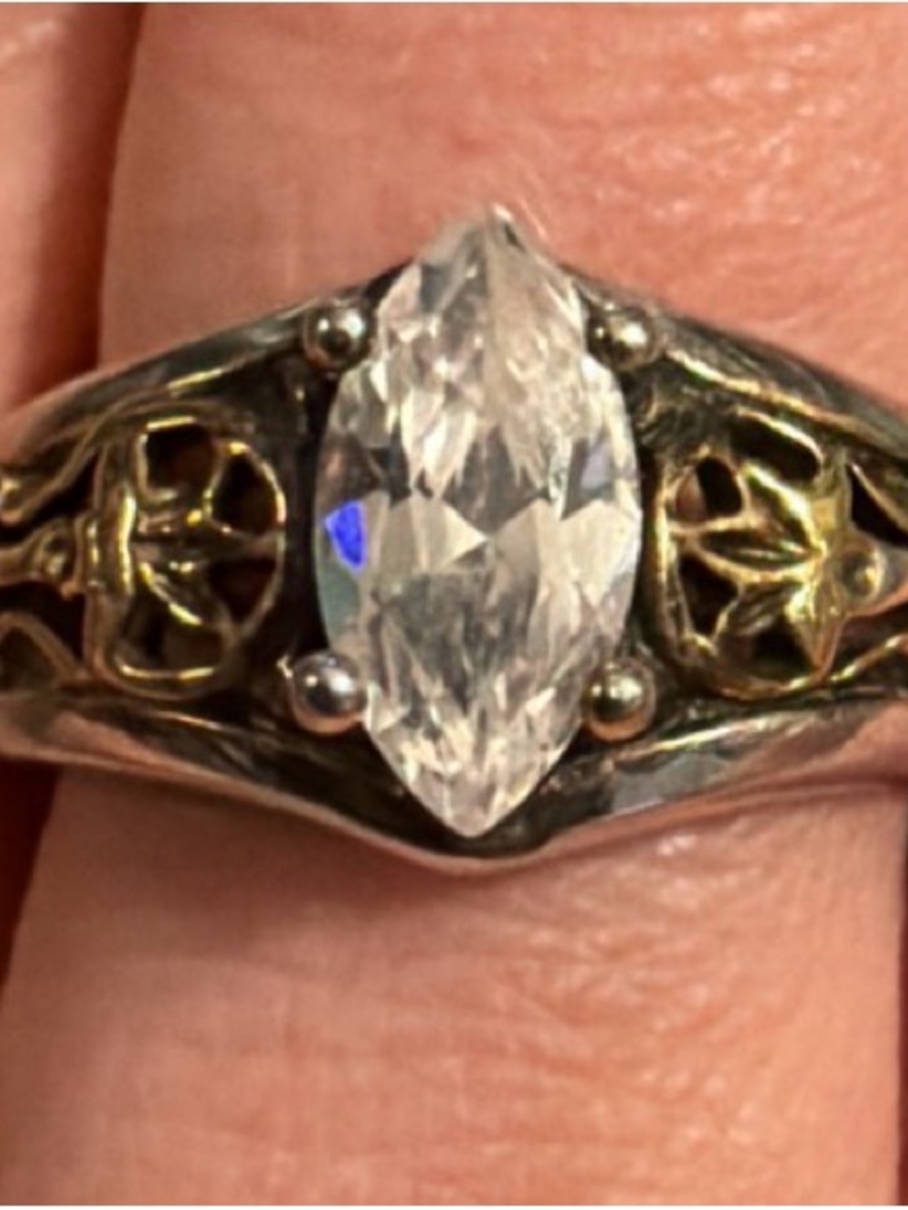 Marquise Clear Stone Two-Tone Filigree Ring - Clear and Gold Accent